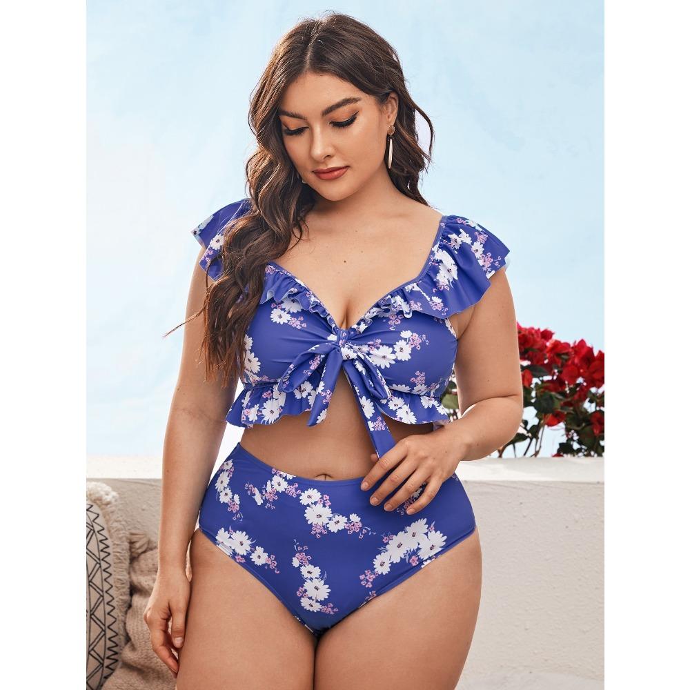 

Новый купальник женский с разрезом на плече большого размера для полных женщин с принтом 3XL синий