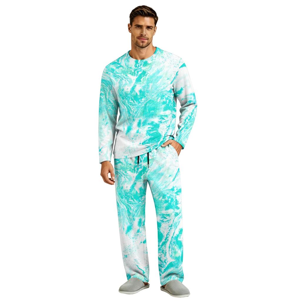 Men's Pajama Set Long Sleeve Top and Long Pants with Button Crotch and Elastic Drawstring Waist for Home Loungewear