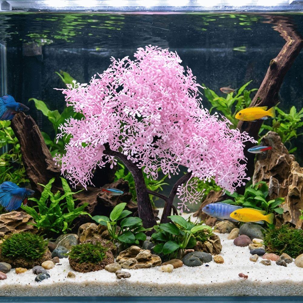 Realistic Aquarium Cherry Blossom Plastic Landscape Tree Fish Tank Ornament  Pet Accessories