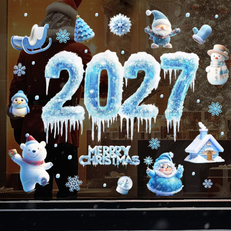 Christmas Ice Snowflake Window Stickers 2027 New Year Double Sided Same Color Peel & Stick Decals for Winter Home Decor