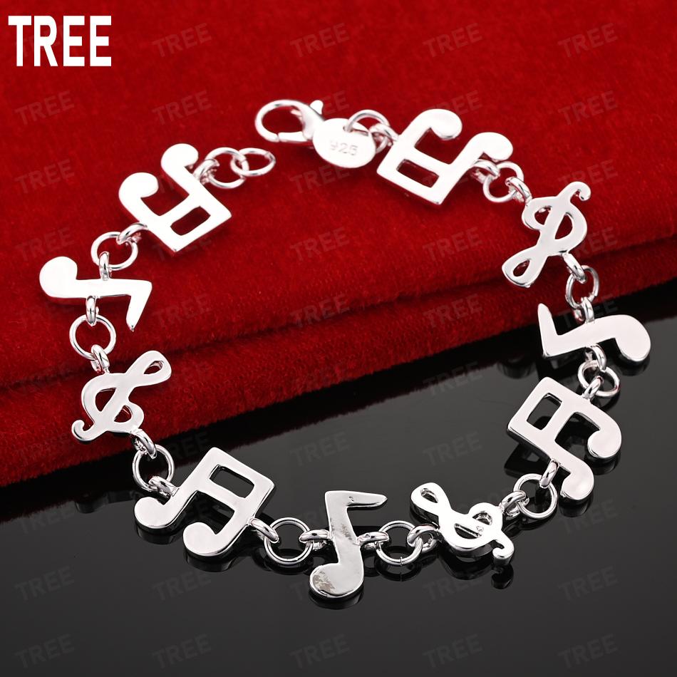 925 Sterling Silver Musical Note Element Side Chain Beautiful Bracelet Gift Jewelry 20CM