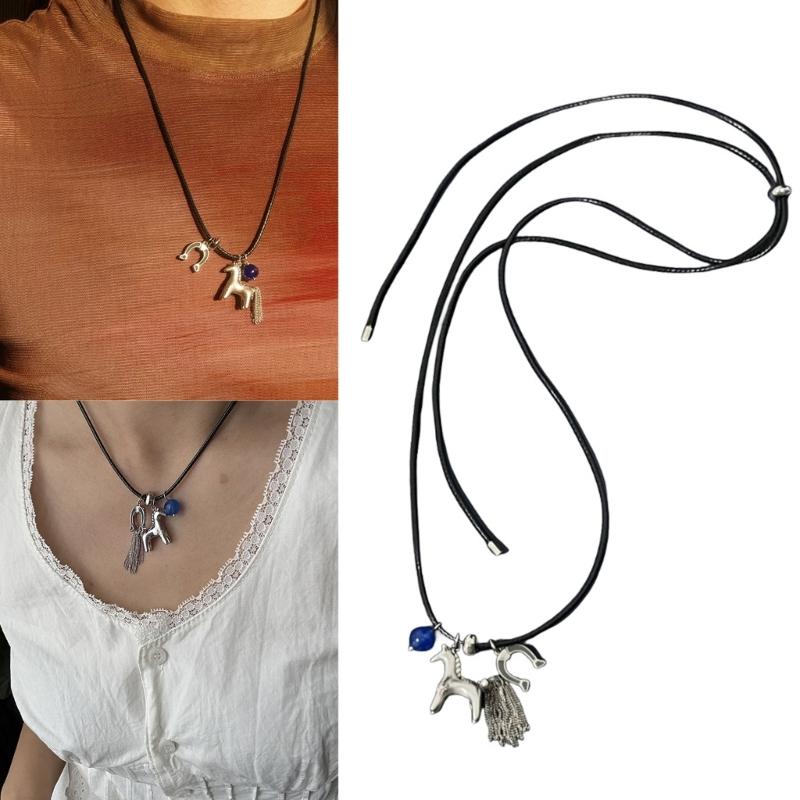 Lightweight Horse Charm Tassels Necklace Stylish Wax Rope Neck Chain Stylish Neck Jewelry Gift For Sister Best Friend