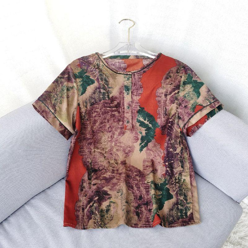 New New Arrival Middle-Aged and Elderly Summer Wear Ladieswear Silk Tops Retro Short Sleeve Shirt T-Shirt Tops