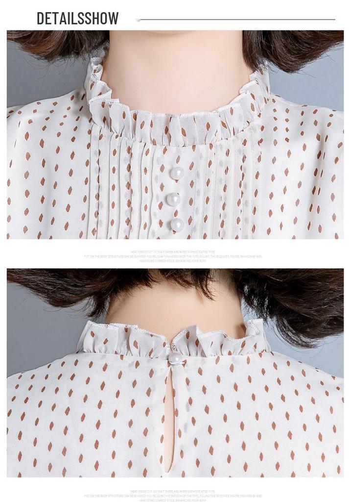 Moda coreana Primavera 2026: Camicia Larga in Chiffon a Pois con Volant - Top Elegante e alla Moda per Donna