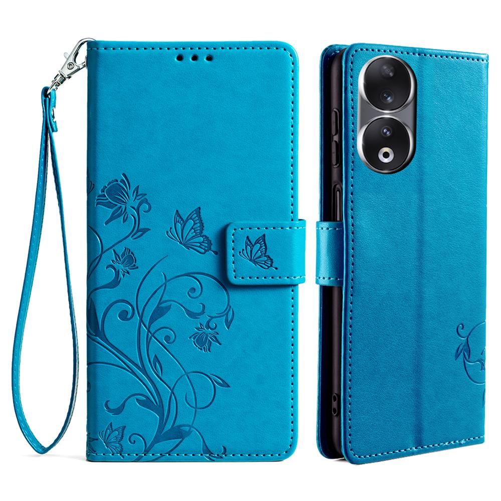 For Honor 90 Case Butterfly Flower PU Leather Stand Phone Cover with Wrist Strap Card Slots