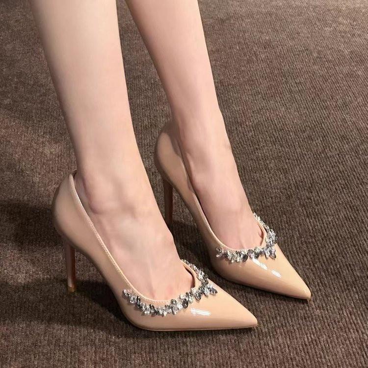 Fashion 2024 New Shoes for Women Solid Color Slender Heel Fashion Rhinestone Decoration Pointed Toe Women's Shoes Zapatos Para Mujeres
