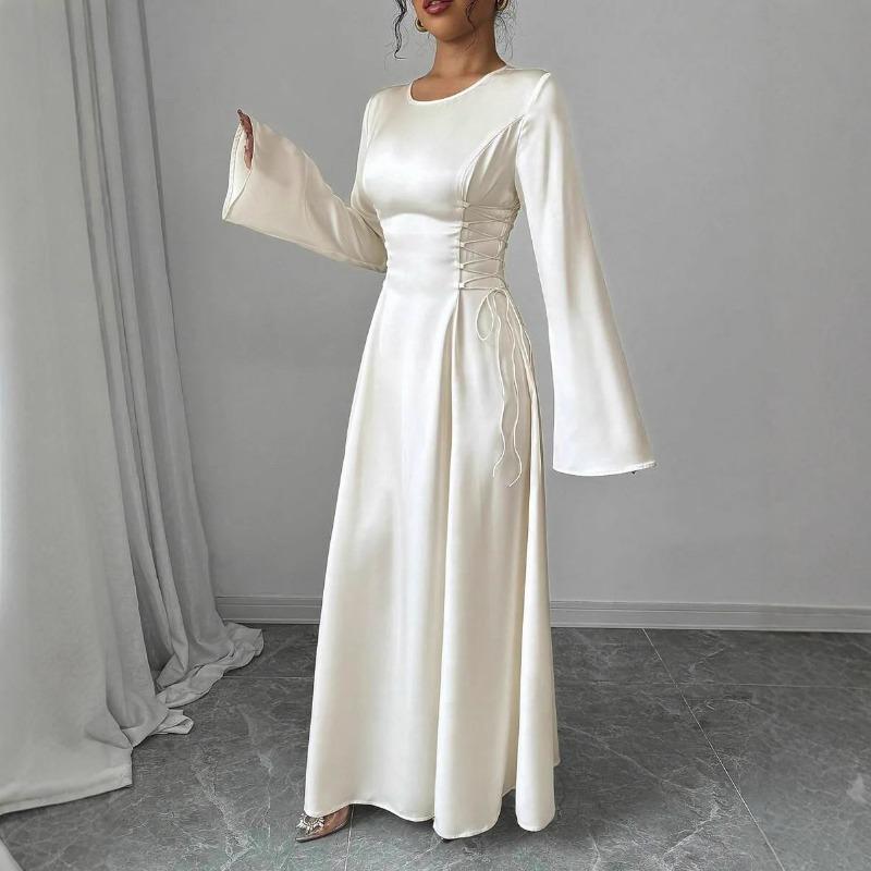 Abito Lungo Satinato Elegante da Donna a Linea A con Maniche Lunghe e Vita Regolabile