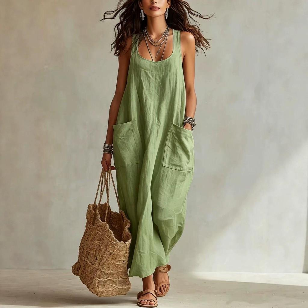 2026 Summer European-American Cotton Linen Casual Pocket Spaghetti Strap Long Dress