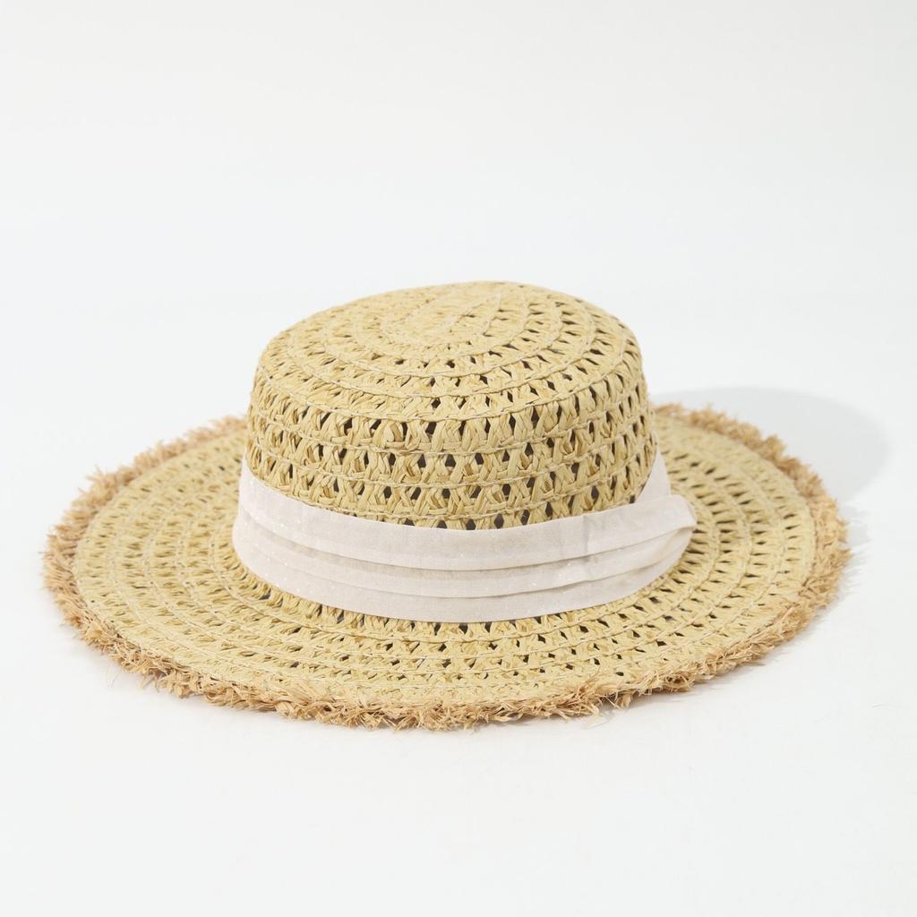 Summer new flat-top hollow straw hat three-fold with beach shading rough edge large brim imitation raffia hat breathable