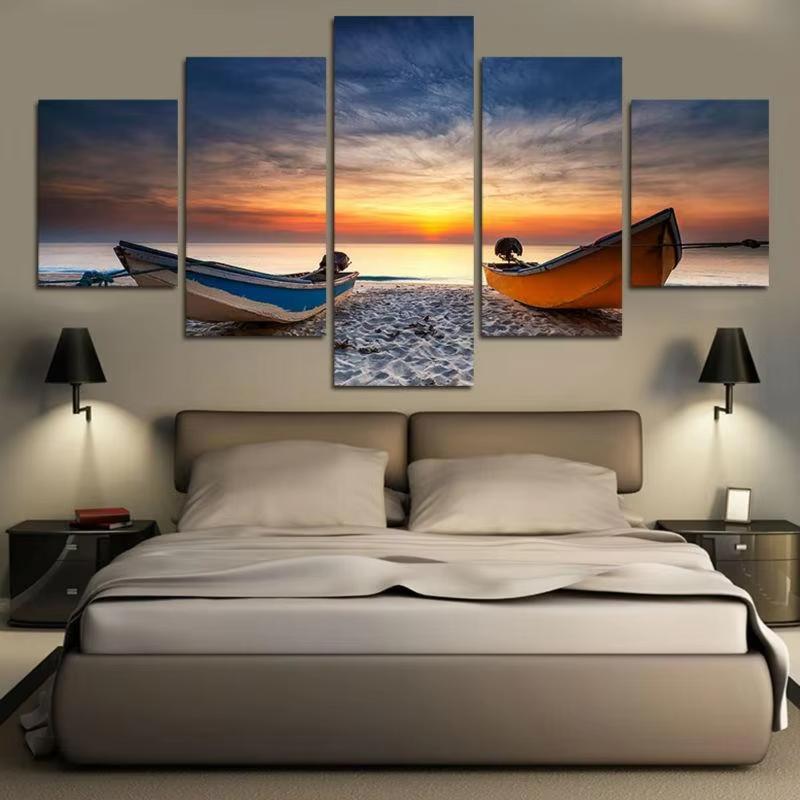 5 Panels Bootschiff Bilder Leinwandmalerei Meereslandschaft Poster und Drucke Wandkunst für Wohnzimmer Heimdekoration Ohne Rahmen