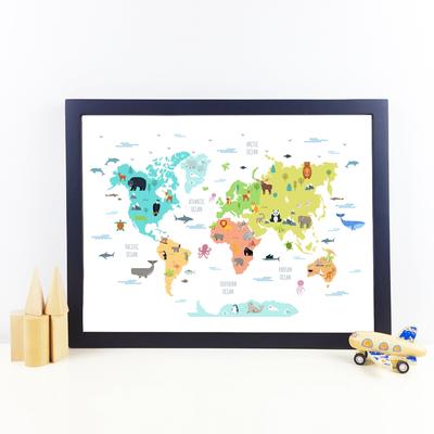 Cute Cartoon Mammals Cavans Painting World Map with Wild Animals Posters and Prints Wall Art for Kids Room Home Decor No Frame