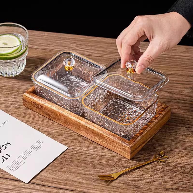 Walnut Wood 2-Compartment Fruit Tray with Amber Glass Bowl