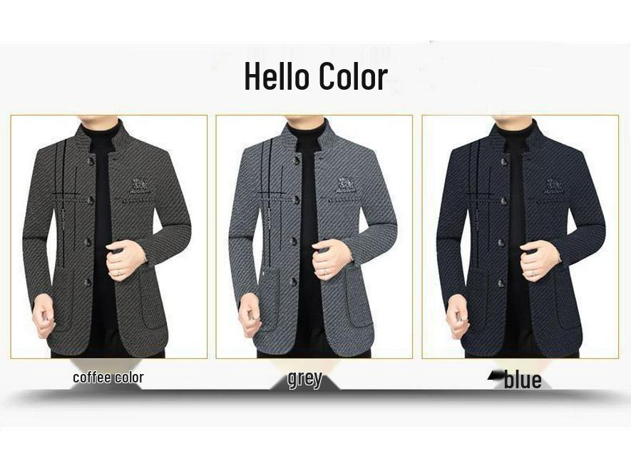 Men's Mid-aged Stand Collar Plush Woolen Jacket - Thickened, Casual, Versatile Coat