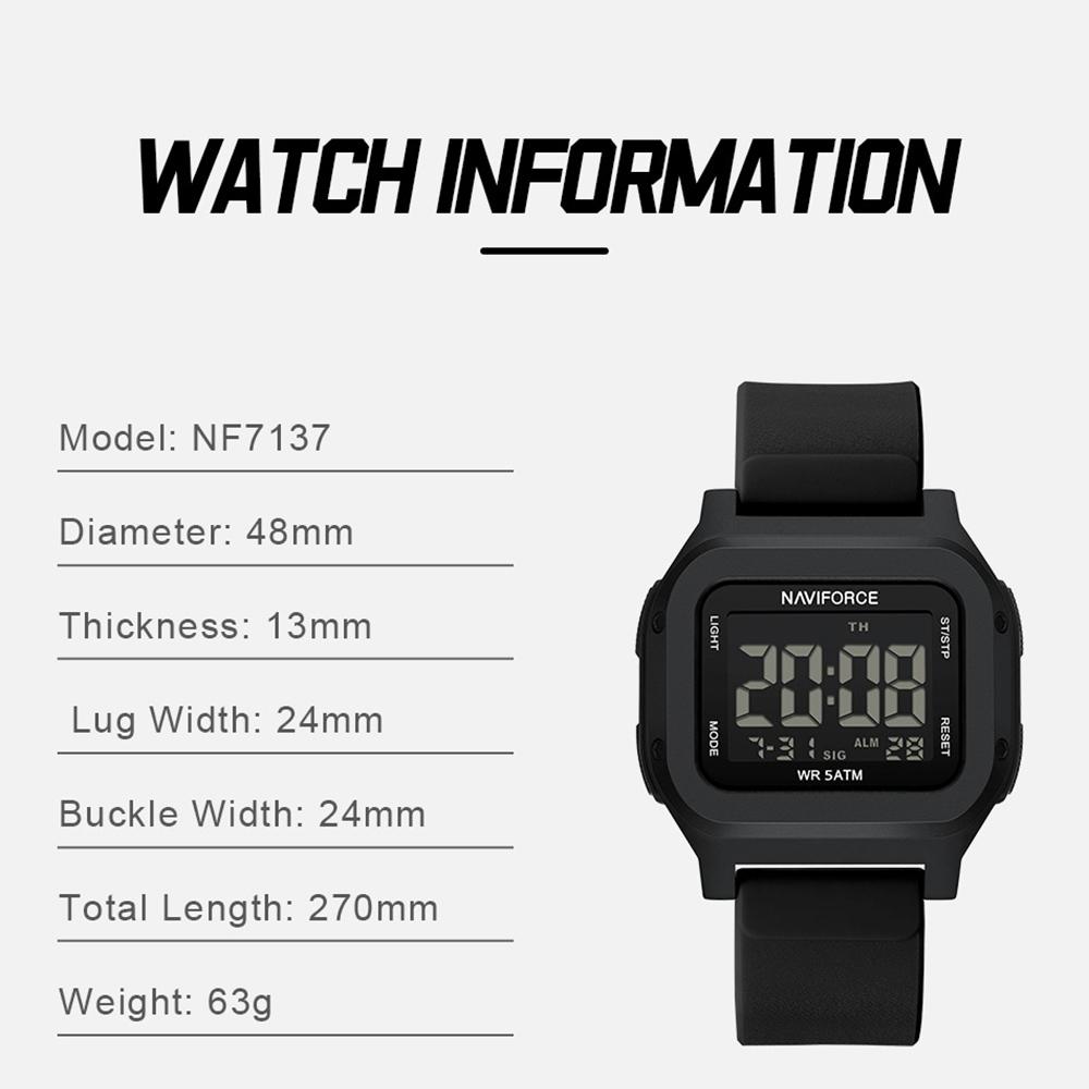 NAVIFORCE Original Men Digital Watch Square Case Silicone Strap Waterproof Calendar Date Chronograph Alarm Men Sports Leisure Watch NF7137