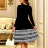 Women Long Sleeve Round Neck Midi Dress Abstract Geometric Floral Plum Blossom Stripe Dot Print Flared Dress