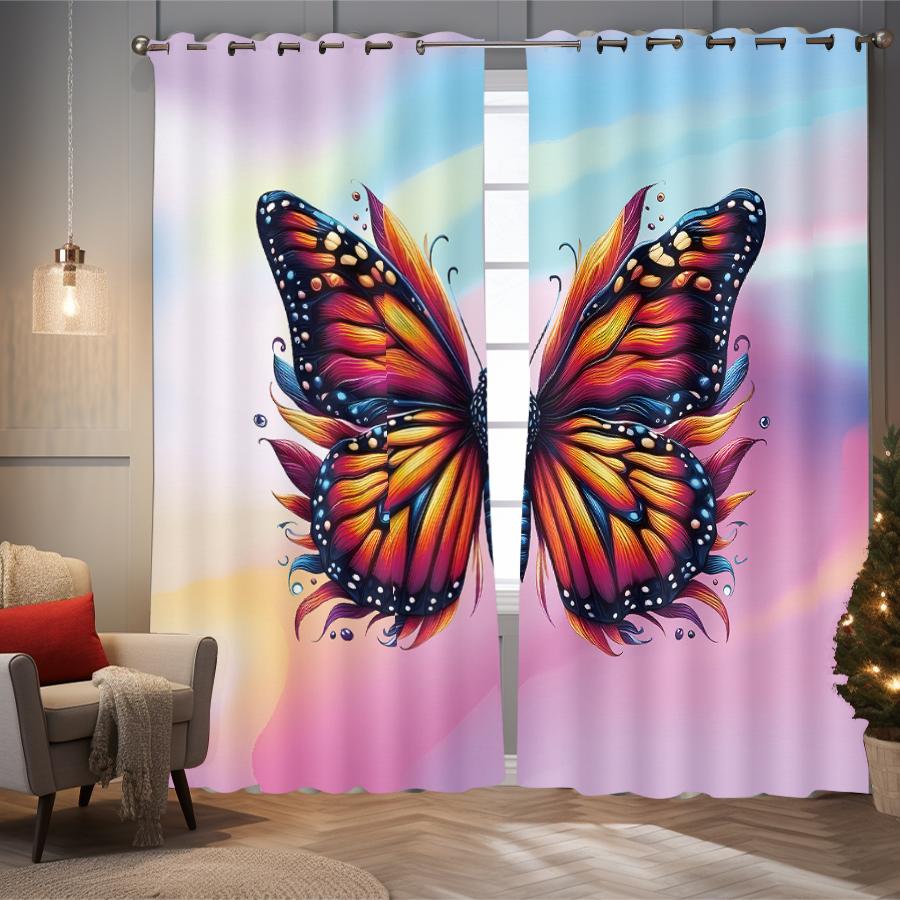 2 pieces of colorful butterfly patterned printed curtains, used for decoration, bedrooms, and living rooms