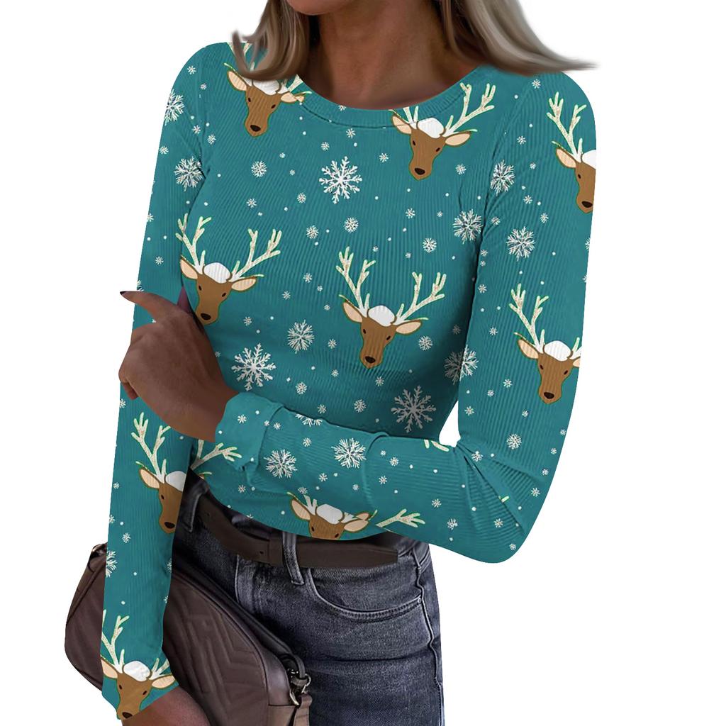 Women's Fashion Slim-Fit Round Neck Base Layer T-Shirt Christmas Print Long-Sleeved Top