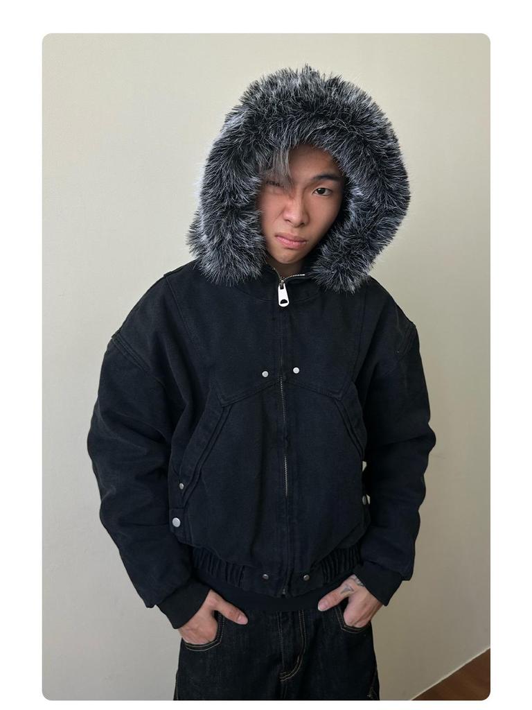 Madextreme Zuo Shan schwere Canvas-Jacke mit Fleecefutter und Pelzkragen-Kapuze