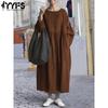 Women's Fashion Spring Fall Solid Color Print Long Sleeve O-Neck Loose Waistline Casual Dresses