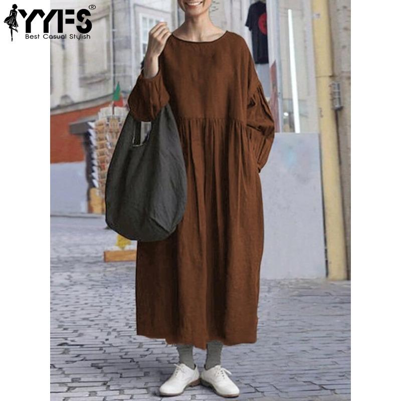 YYFS Women's Fashion Spring Fall Solid Color Print Long Sleeve O-Neck Loose Waistline Casual Dresses