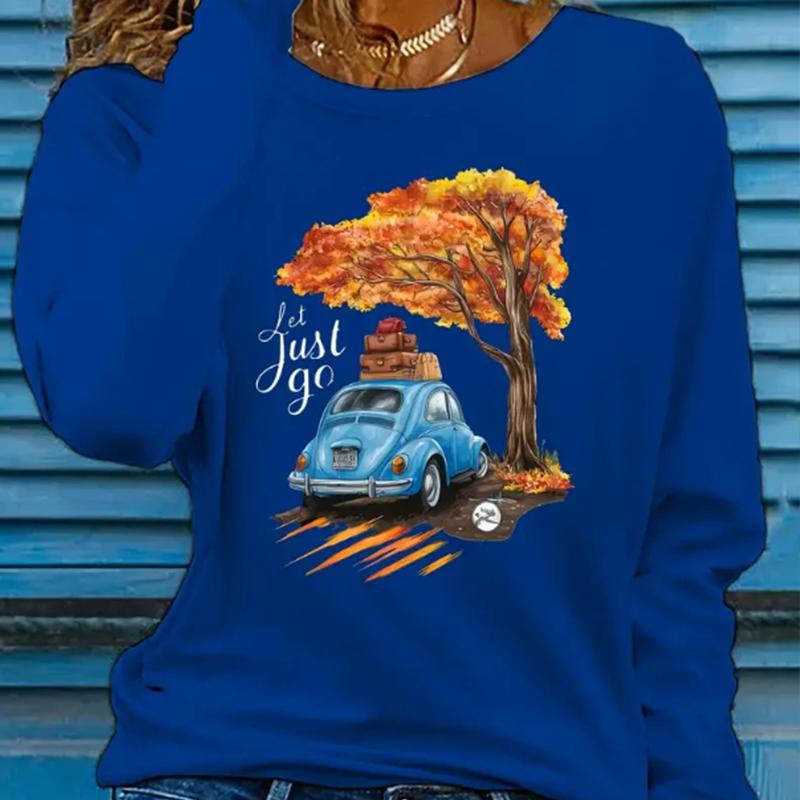 Top da donna Albero dorato Stampa auto Girocollo Manica lunga T-shirt Autunno Casual Slim Pullover Top da donna a manica lunga
