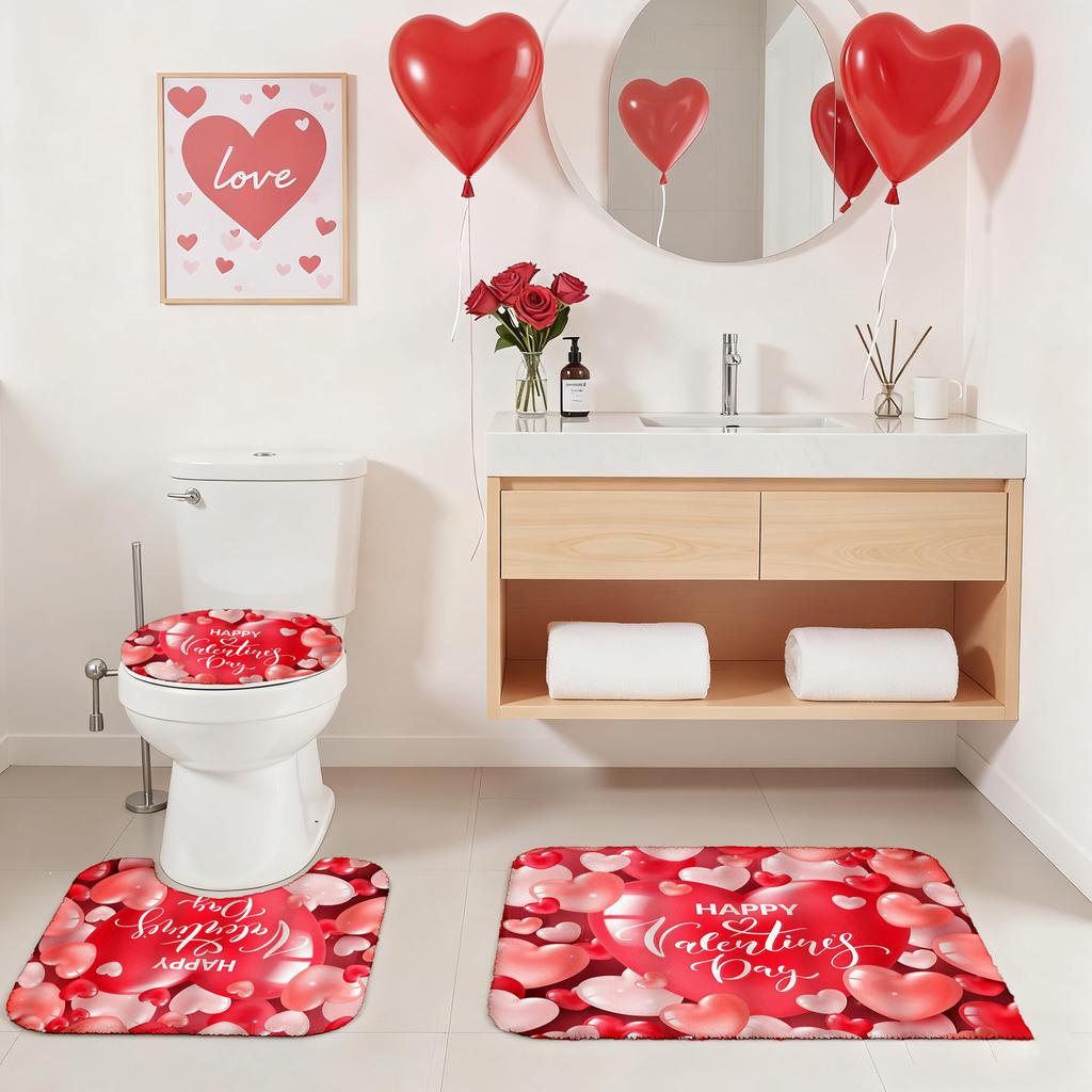 Valentine'S Day Bathroom Set: Heart Design Shower Curtain, Toilet Cover & Mats With 12 Free Hooks, Red Pink White Romantic Decor