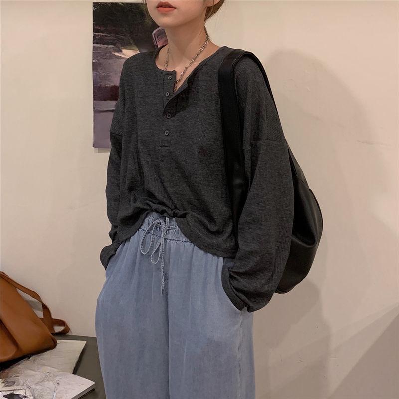 Long Sleeve T-shirts Women Elegant Simple Pure Button Design Retro Ins Autumn Ladies Tees Top All-match BF Style Mujer Clothes