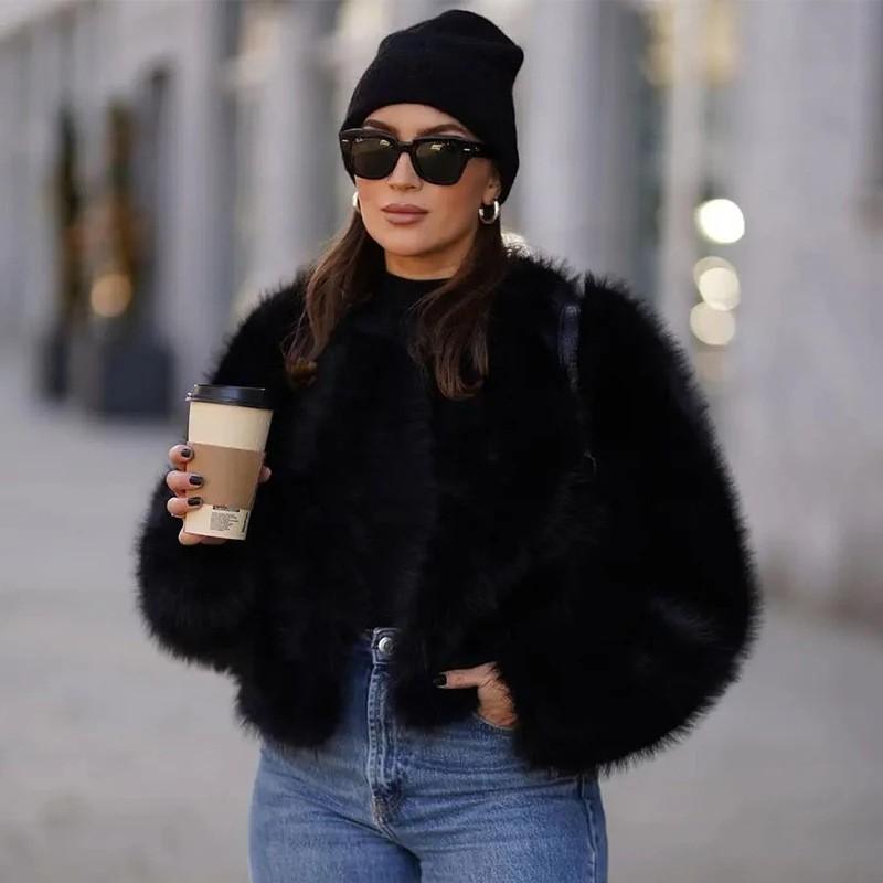 Winter warm new women's round neck imitation fox hair loose long sleeve Mao Mao jacket