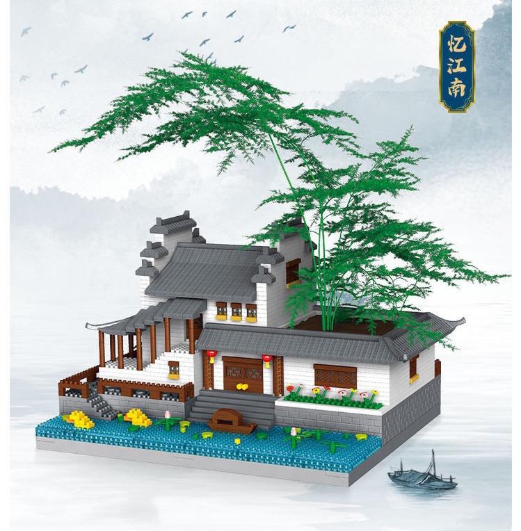 Idea Chinese Architecture Micro Diamond Block Recalling Jiangnan Build Brick Bonsai Pen Container Nanobrick Educational Toys