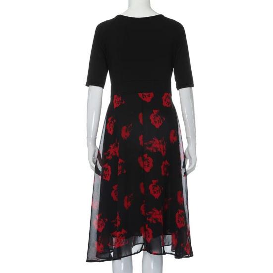 Women's Patchwork Swing Chiffon Dress Short Sleeve V Neck Midi Dress Plus Size Floral Wedding Guest Dress Summer Beach Flowy Sundress