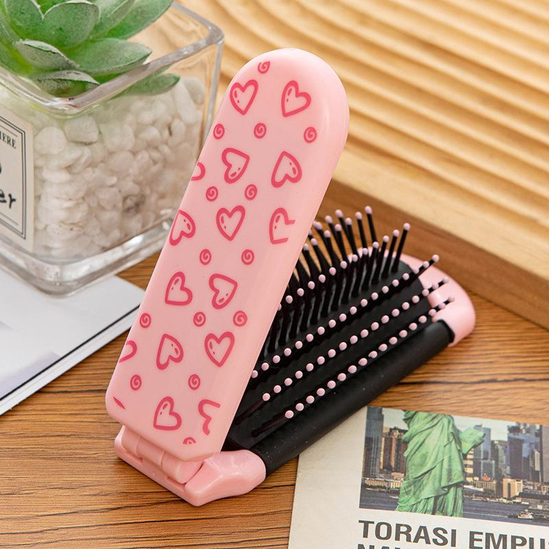BEPAN Portable Folding Hair Comb Smooth Hair Cute Cartoon Print Air Cushion Combs 2 in 1 Integrated Comb and Mirror Massage Comb
