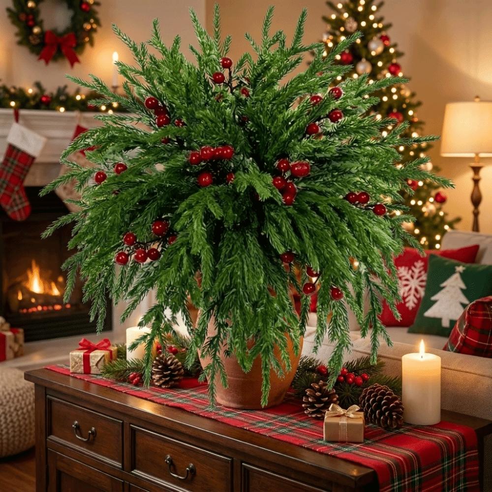 20PCS Plastic Christmas Pine Branches Realistic Decorative Artificial Pine Branches with Red Berries Snow-Capped