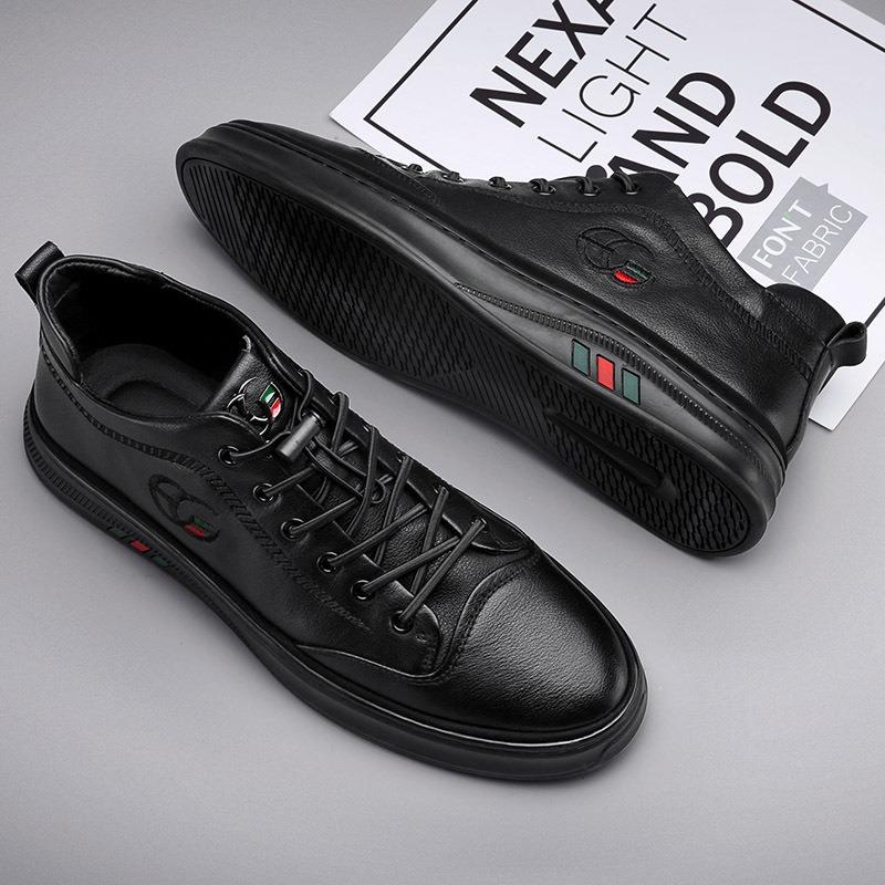Men's Leather High-top Sneakers Casual Lace-up Non-slip Black Walking Shoes