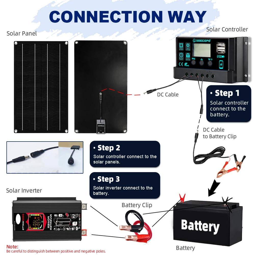 SOECOPO 6000W Solar Power Station 800W Panel 100A Controller 12V To 110V 220V AC with Alligator Clips for Camping Home CE FCC