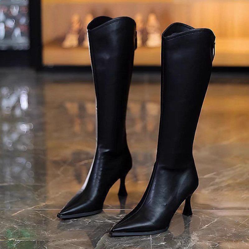 Autumn Winter Pointed Toe Elegant Heeled Leather Knee High Shaft Shoes Woman Gothic Fashion 2025 Chic Sale Long Boots for Women