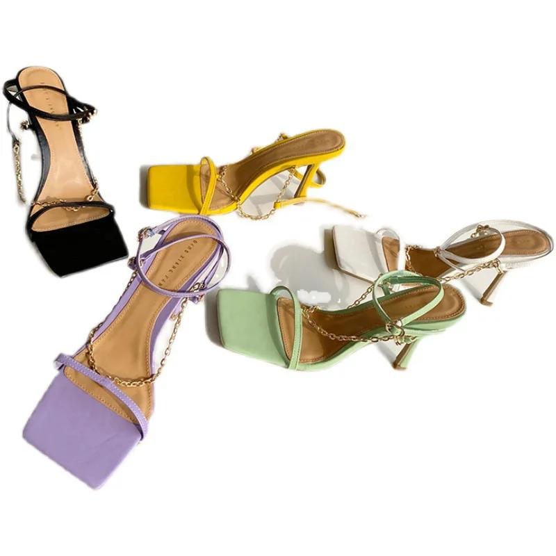 Summer Elegant Women Purple High Heels Chain Sandals Designer Open Toe Green Yellow Stiletto Heels Sandals Nightclub Shoes
