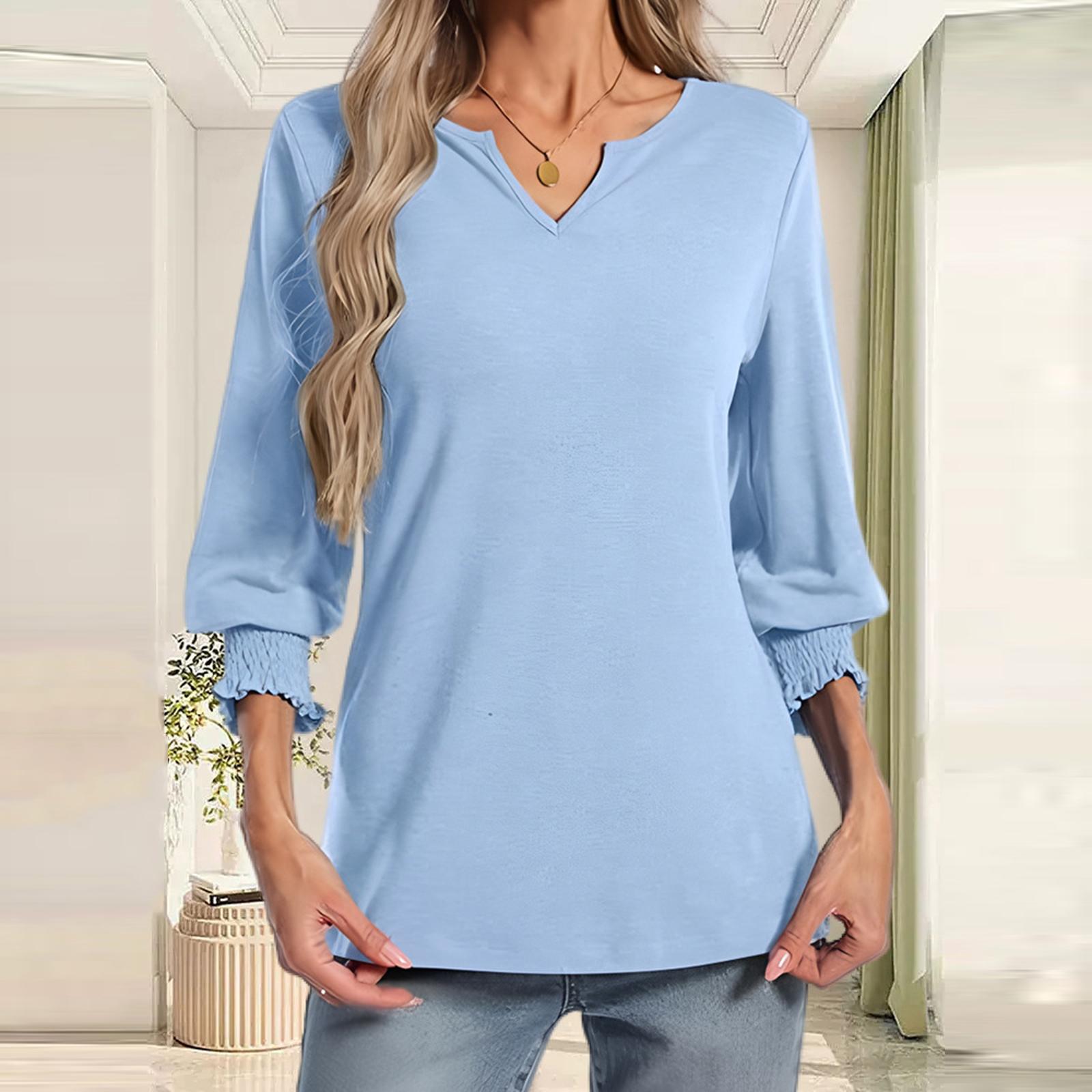 

Женская модная повседневная блузка с V-образным вырезом и рукавами 7/8, однотонная XL небесно-голубой