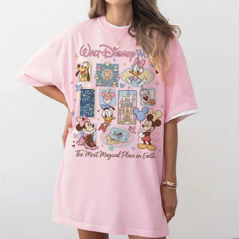 Summer Women's Vintage Disney Mickey and Friends T-Shirt Disneyland Shirt  Oversized Loose Casual Tee Disney Trip Shirt
