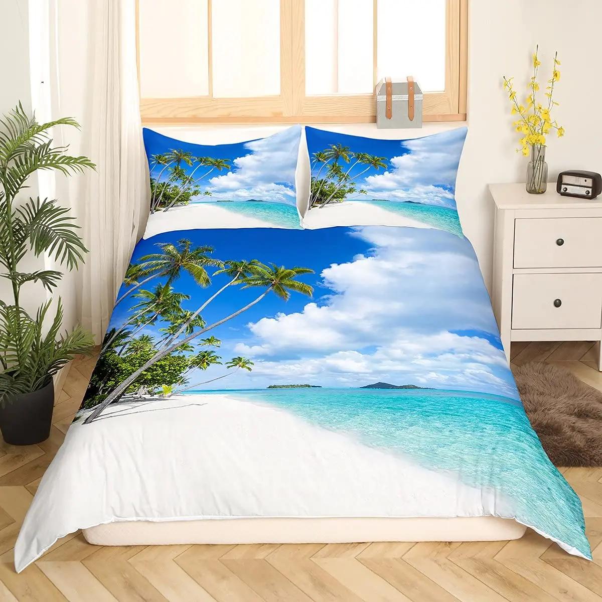

Beach Ocean Duvet Cover Set Hawaiian Palm Tree Waves Bedclothes Tropical Island And Sea Beach Nature Theme Polyester Qulit Cover EU single(135x200cm)