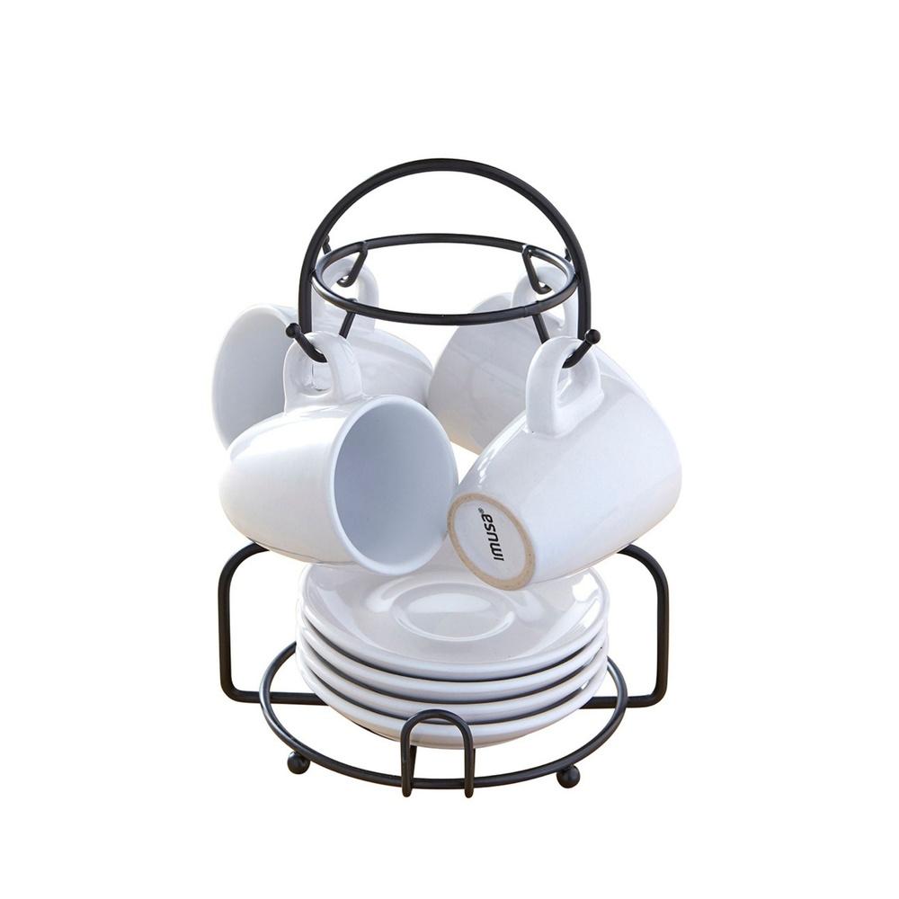 

Белый эспрессо-набор из 8 предметов, каменная посуда, чашки, блюдца с хромированной подставкой, идеально подходит для домашнего бара, для подачи кофе United States