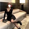 Pure Desire Sexy V-neck Lace Splicing Long-sleeved Dress Women's Autumn New High-end Slim and Thin A-word Short Skirt