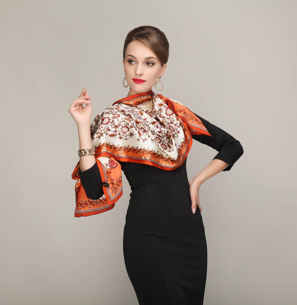 Cachecois Women Blue Silk Scarf Bronzing Printing Autumn And Winter  Ladies Pure Silk Long Scarf Foulard All-Match Blue