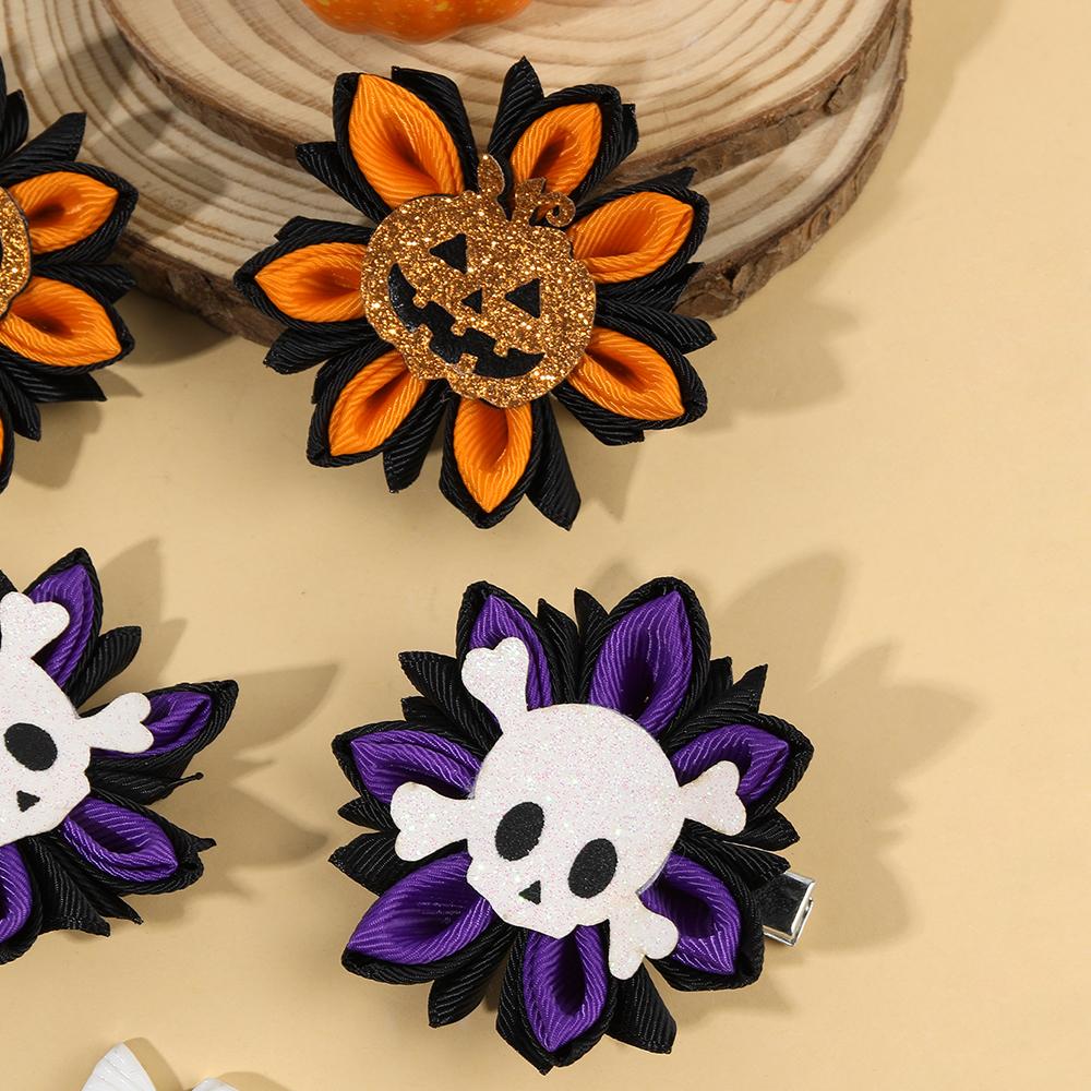 2Pcs Halloween Flower Hair Clips Glitter Pumpkin Skull Decor Hairpins For Girls Kids Costume Party Gothic Headwear Accessories