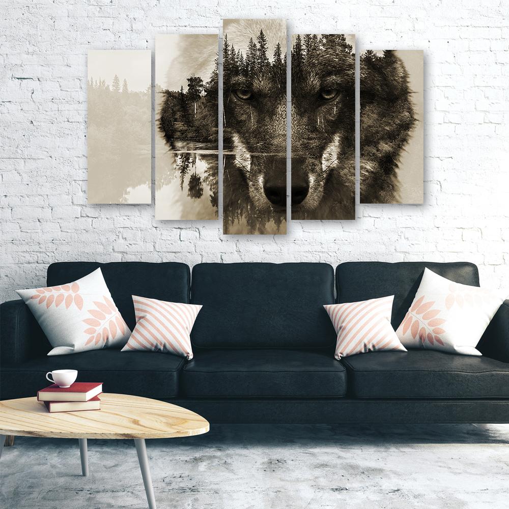 Fünfteiliger Leinwanddruck „Wolf Animals Black White“.