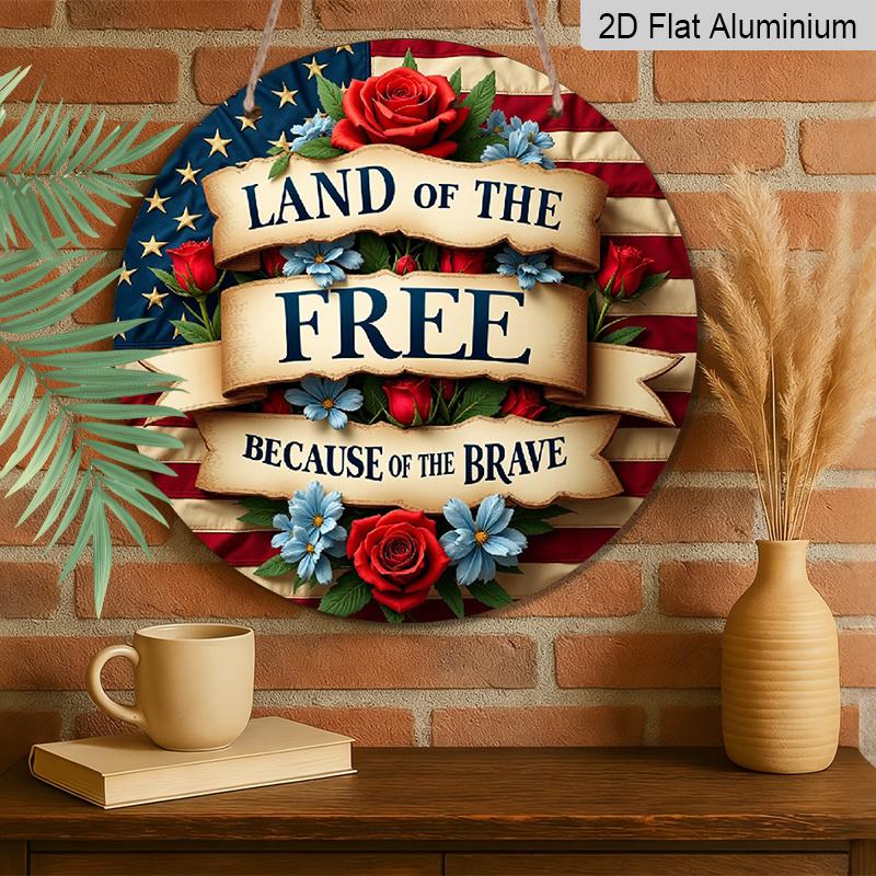 2D Flat, "Land of the Free, Because of the Brave" Patriotic Wreath Flag - Vintage Style Art, 7.87x7.87 Inches Decor for Home, Garden, Bar, Cafe