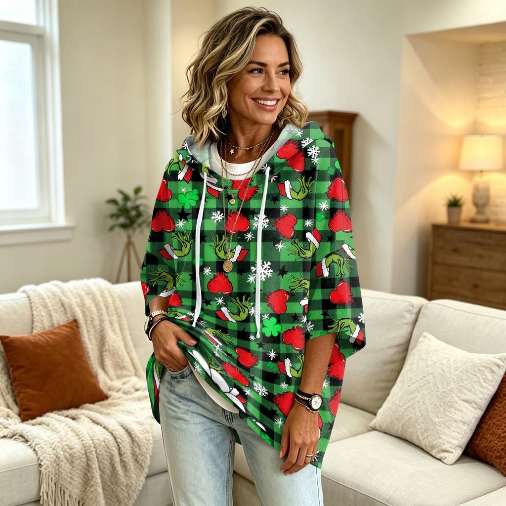 Women's Christmas Print Hooded Loose Fit Sweatshirt