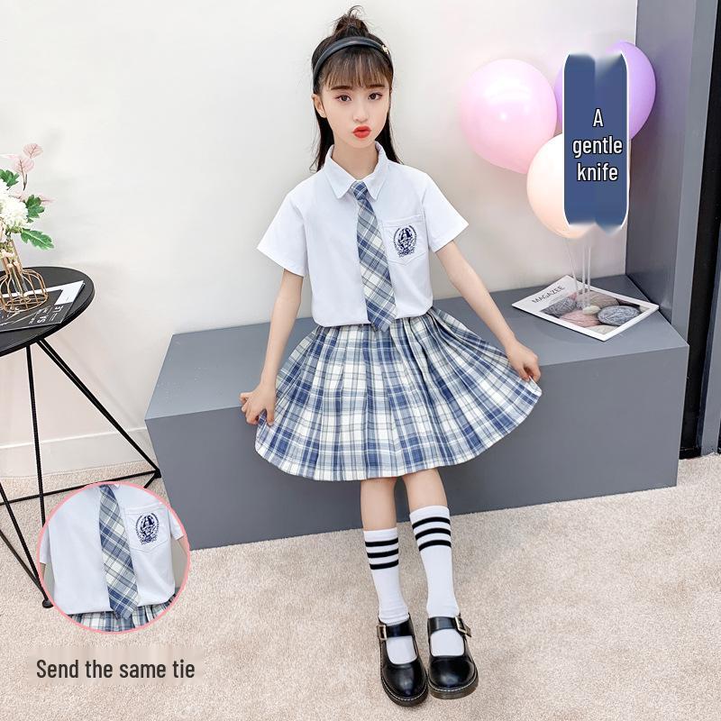 Children s Choir Costume: June 2025 Short-Sleeved Shirt & Plaid Skirt for Kindergarten Poetry Recital and Stage Wear 120cm