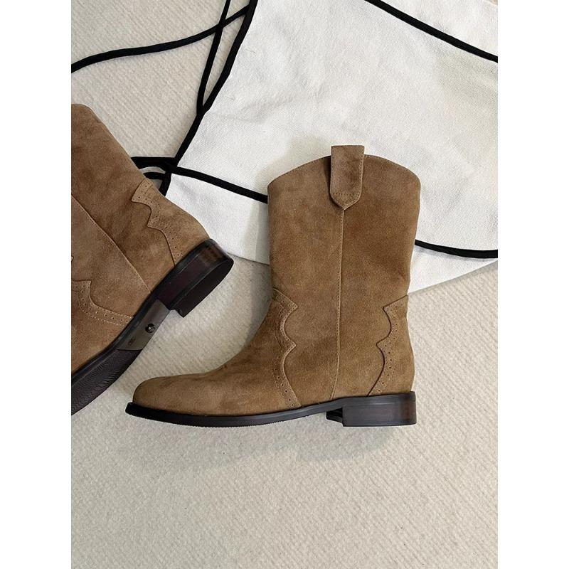 Maillard retro brown cowboy boots medium boots autumn and winter new matte western low heel short boots women