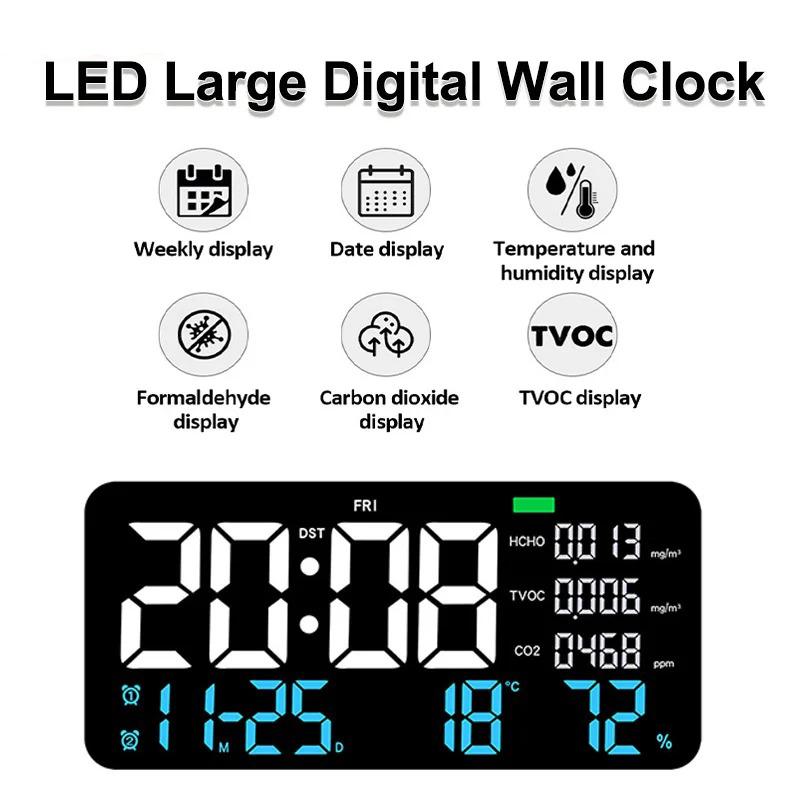 LED Multi-functional Digital Wall Clock Formaldehyde/ CO2/ TVOC Display Indoor Decorative Clock with Remote Control Countdown