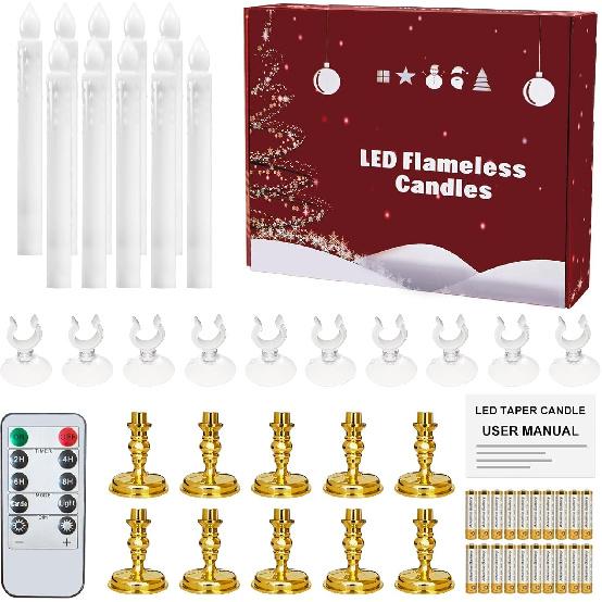 Flameless Candles 10 Pack Battery Operated Window Candles with Drip Texture,Remote Timer,10 Removable Candle Holders,10 Suction Cups,20 AA Batteries